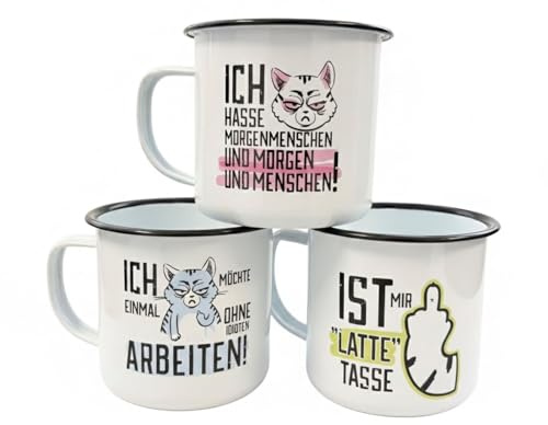 3er Set Tasse Miesekatze Kaffeebecher 350 ml Metalltasse mit Henkel Kaffeetasse Teetasse Motiv Tasse Becher