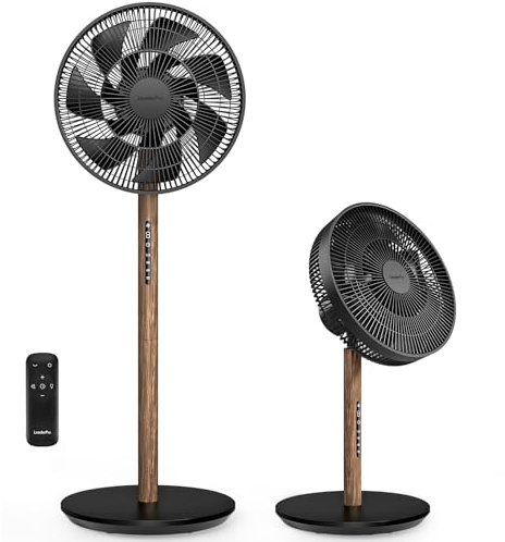 LeaderPro 2in1 DC Fan with Screen,Standing Fan 3D Oscillating Pedestal Fan with Remote Control|Height Adjustable Desk Fan|8 Speed Turbo|Air Circulation|Quiet for Bedroom|24W Energy Saving,Black Walnut