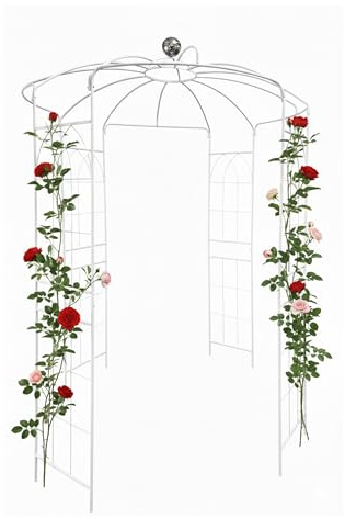 Relaxdays Rosenpavillon Metall, HBT: 290 x 206 x 206 cm, Rankhilfe Kletterpflanzen, Garten, Rankpavillon mit Haken, weiß