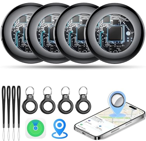 Tukio Air Tags 4er Pack Schwarz Edition, Schlüsselfinder Kompatibel mit Apple Wo ist? APP (Nur iOS) Smart KeyFinder 100dB Ton, Koffer Tracker für Gepäck/Taschen/Schlüssel, Austauschbarer Batterien