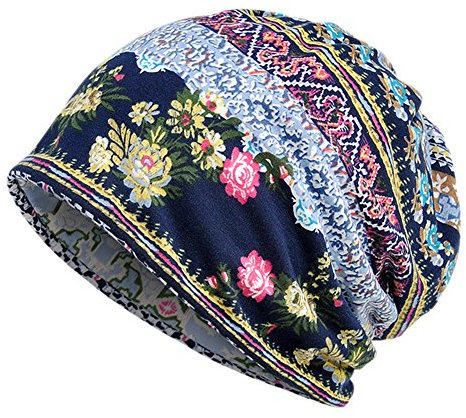 EEVASS Damen Baumwolle Elastisch Slouchy Beanie Hut Blumen Kappe Schal (#1 blau, 1)