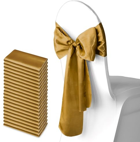 WedDecor Satin Chair Sashes 25pcs Decorative Chair Bow 7x108 Reusable, Hemmed Edges Bow Back Tie Ribbon for Weddings, Birthdays, Events, DIY Decor & Chairs Styling (Gold)