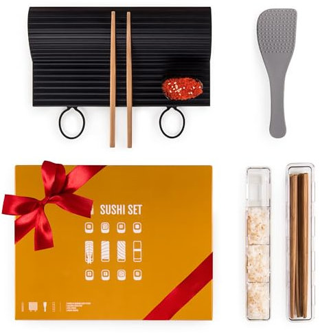 Blumtal Sushi Maker Set Sushi Maker Komplettset mit Rollmatte 4 hochwertige Holzstäbchen Reislöffel Sushi Maki Nigiri Temaki für Anfänger und Profis