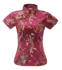 ACVIP Chemisier chinois à manches courtes pour femme Dragon Phoenix Brocart Qipao, rouge foncé, 44