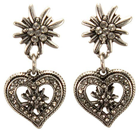 Alpenflüstern Trachten-Ohrstecker Strass-Edelweiß-Herz - Damen-Trachtenschmuck, Trachten-Ohrringe (antik-silber-farben) DOR049