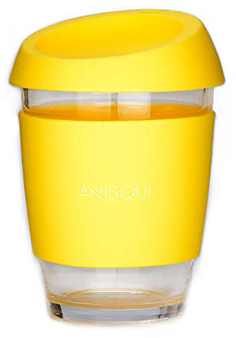 AniSqui Glass Travel Mug, 12oz 350ml Portable Coffee Cup with Lid (Yellow)
