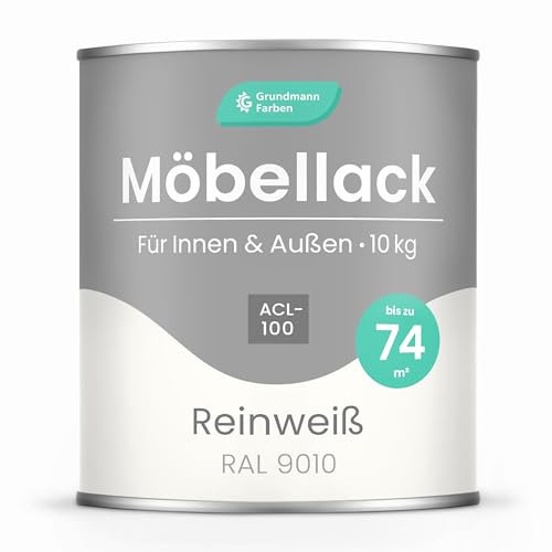 Grundmann Möbellack ACL 100 - Weiss 10 kg - Lösemittelfrei & Geruchsarm - 4in1 Möbelfarbe inkl. Grundierung - Innen und Außen - Für Holz, Metall & Kunststoff - RAL 9010 Reinweiss