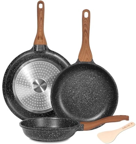 ESLITE LIFE Nonstick Ceramic Frying Pans Skillets Set, Non-Toxic Egg Omelette Kitchen Cooking Pans Compatible with All Stovetops (Gas, Electric & Induction), PTFE & PFOA Free (Black)