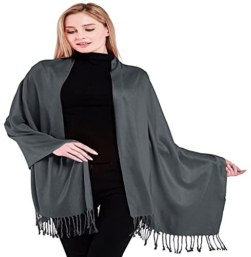 CJ Apparel Nepalesischer Schal, Stola, Überwurf, Pashmina, handgefertigt, Anthrazit, Schwarz, Dunkelgrau, Quasten-Design, Nepal, Anthrazitschwarz V1022, Einheitsgröße