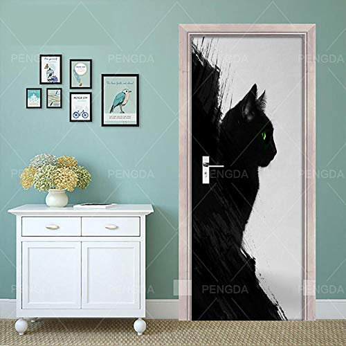 CBWRAW Adesivi per Porte 3D Carta Parati Gattino Nero Animale Interne Soggiorno Camera da Letto Carta da Parati in PVC Autoadesivo Impermeabile Poster Murale Fotomurali Arredo Casa 77X200 Cm