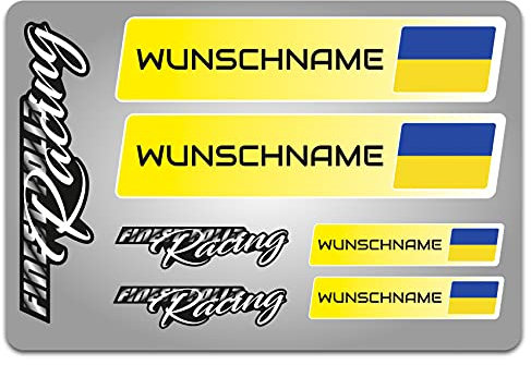 4er Set Aufkleber mit Fahne Flagge und wahlweise Name Sticker für Auto Fahrrad Motorrad Roller Helm im Rallye Racing Design R156 (31 Ukraine, Mit Wunschname)