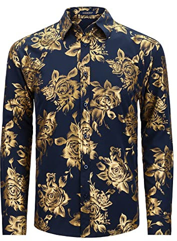 HISDERN Chemises Bleu Marine Homme Brillante Or Rose Imprimé à Manches Longues Casual Chemise Mode Motif Satin pour Fête Bal de Promo M