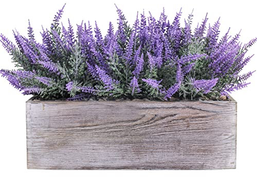 Arreglo de flores de lavanda falsa en caja rectangular rústica para macetas de madera artificial en maceta para regalos, casa de campo, boda, centro de mesa de cocina, alféizar de ventana, decoración