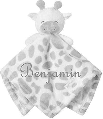 Wuff-Dogsworld Baby Kuscheltuch VIELE Modelle mit Namen Bestickt Geschenk Taufe Geburt Schmusetuch Schnuffeltuch Trösterchen Junge Mädchen (grau Giraffe)