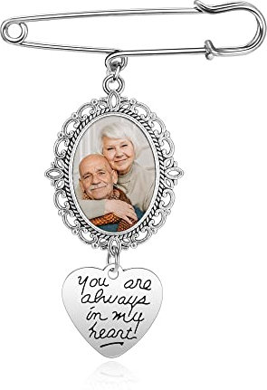 PiercingJak Personnalisé Photo Bouquet de Mariage Broche Épingle Photo Pin Breloque Médaillon Charme avec Coeur Pendentif Cadeau Marié Mariée Costume Bijoux Femme Homme (Photo Unique)