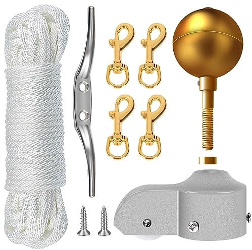 NQ Flag Pole Repair Parts Kit with 50 Feet Nylon Flag Pole Rope, 4 Pcs Flag Pole Swivel Snap Clips, Flag Pole Truck with Pulley, Flag Pole Top Ball, Zinc Alloy Cleat, Flagpole Accessories Tool Kits