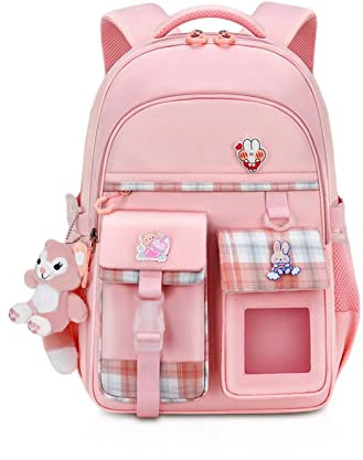 Balakaka Zaino Bambina con Accessori Graziosi Pin 46 * 30 * 18 cm, Kawaii Zaino Elementari Bambina con Tasca Antifurto, Zainetto Bambino con Strisce Riflettenti per Bimba 6-13Anni, Rosa