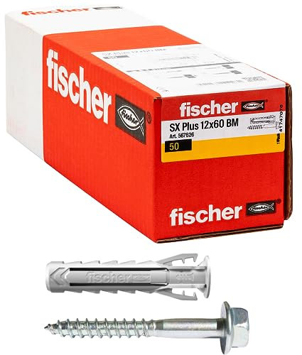 Fischer 50 Tasselli SX Plus BM con Vite Testa Esagonale 12x60 mm Muro Pieno, Mattone Forato, Muratura, Calcestruzzo, per il Fissaggio di Lampadari, Mobili, Pensili, Mensole, 567626