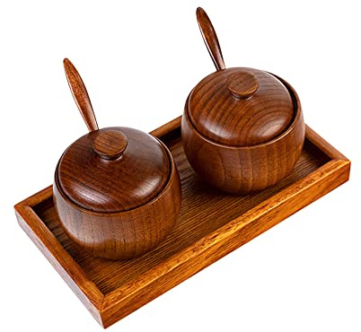 YMYL 2 Pcs Wood Condiment Pot Spice Jars, Natural Wooden Sugar Bowl Pepper Seasoning Container Condiment Pot with Lid, Spoon and Tray for Herbs Salt Pepper Spices