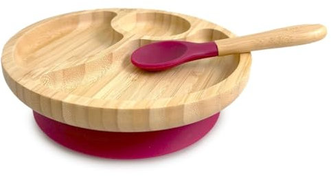 Althea Living - Set Svezzamento Bambu per Bambini 4 Pezzi | Piatto con Ventosa Diviso, Ciotola Bamboo, Cucchiaio e Forchetta Silicone | Antimicrobico, Senza BPA (Rosso Carmino)