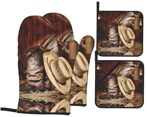 YYHHAOFA Set di quattro pezzi da cucina con stampa di stivali da cowboy, cappello nero, guanti da forno isolati e presine per una protezione antiscottatura spessa e durevole