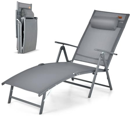 GIANTEX Sonnenliege Klappbar, Gartenliege mit Kopfkissen & 8-Fach Verstellbarer Rückenlehne, Liegestuhl für Garten, Terrasse & Pool, maximale Belastung 150 kg (Grau)