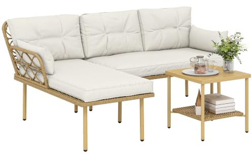 Outsunny Conjunto de Jardín de Ratán Anti-UV con Cojines para Patio Crema | Juego de 3 Piezas, Sofá Exterior Terraza, 2 Plazas + Esquinera, Mesa de Centro Metálica de 2 Niveles