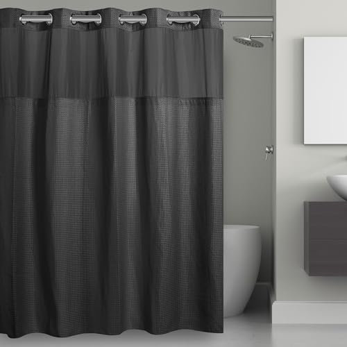 Hookless It's a Snap! Waffel-Duschvorhang, 3-in-1-Duschvorhang, Stoff-Duschvorhang mit durchsichtigem Fenster, Flex-On-Ringen und Stofffutter, 180,3 x 188 cm, Schwarz