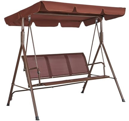 VEVOR 3-Sitzer-Terrassenschaukelstuhl Hollywoodschaukel mit verstellbarem Baldachin Verandaschaukel mit Armlehnen Teslin-Stoff und Rahmen aus legiertem Stahl für Balkon Hinterhof Terrasse Garten Braun