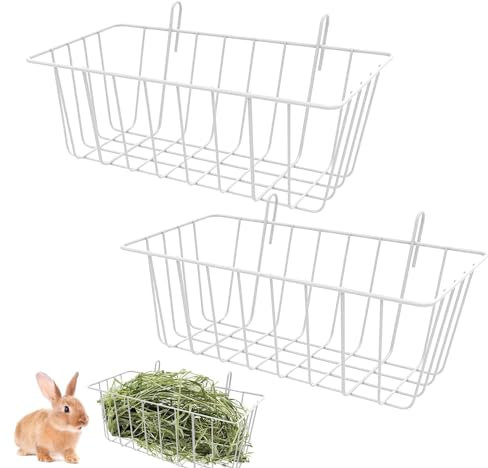 HunicandIU Kaninchen Heu Futterstation, 2 Stück Heuraufe Kaninchen, Heu Futterspender Für Käfig, Metall, Kaninchen, Heuraufe Zum Aufhängen, Heuhalter, Grashalter, Kleintierkorb Mit Haken