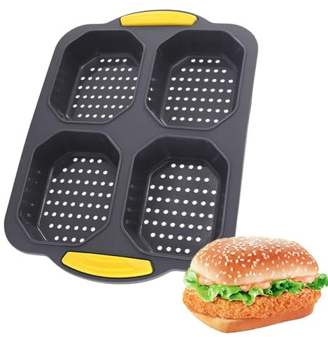 Holzsammlung Burger Buns Stampo da Forno in Silicone, 4 Griglie per Pane Vassoio da Forno für 9.5 x 7.5 cm Cavità, Stampi Vassoio per Pane Hamburger Antiaderente per Panini Hamburger, Muffin