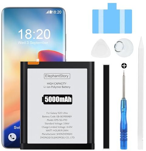 ElephantStory Batteria per Samsung Galaxy S20 Ultra SM-G988B, 5000 mAh Batteria di Ricambio EB-BG988ABY Batteria Sostitutiva ai Polimeri di Litio con Strumenti di Riparazione e Guida