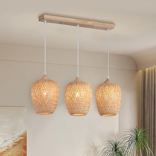 HEYUN Pendelleuchten Esstisch Boho Rattan Hängelampe Natürliche Gewebte Pendellampe 3-Flammig E27 Leuchte 220V Höhenverstellbare Kronleuchter Vintage Lampenschirm Schlafzimmer Wohnzimmer Restaurant