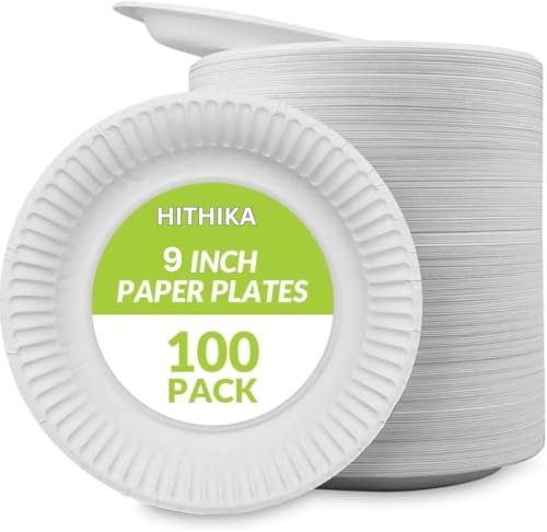 HITHIKA Platos desechables de papel blanco, paquete de 100 unidades, grandes, 23 cm, 100 % naturales y reciclables, ideales para cumpleaños, aniversarios, barbacoas, picnics, fiestas, adecuados para