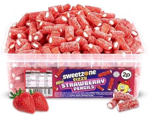 Sweetzone Mini Fizzy Strawberry Pencils, Retro Sweets Tub, Candy Sticks, 350 pc, 700g, Halal Sweets, Sweet Bulk, Sweet Cart, Gummy Candies, American Candy, UK British Candies