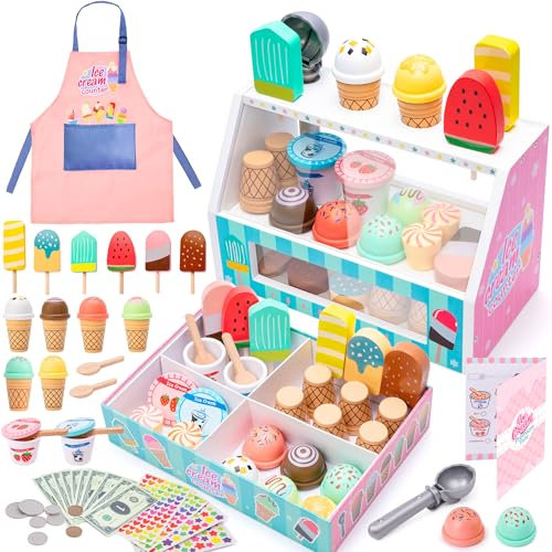 WIKITOT Ice Cream Toys Age 3+ for Kids, 51 Pieces Wooden Ice Cream Cart Role Play Toys for 3 to7 Year Old Girls Boys Gifts
