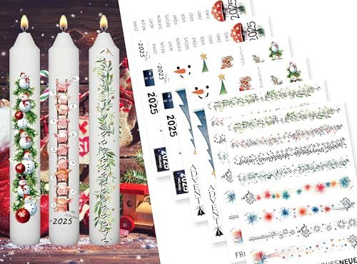 Sugeru 6 PCS Kerzentattoos Weihnachten (200+ Muster) - DIN A5,Wassertransferdruck | DIY asserschiebefolie Kerzenfolie | Kerzenaufkleber Weihnachts Sticker | Deko,Ostern,Adventskerze (Countdown I)