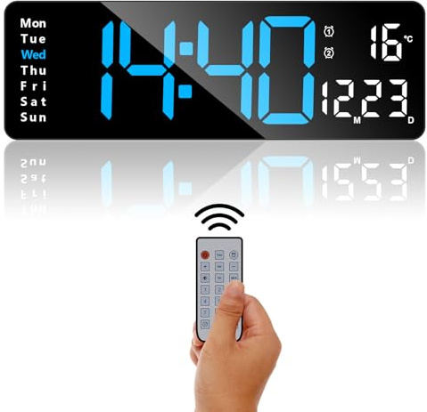 ALEENFOON Digitale Wanduhr, 13 Große Digitaluhr mit Fernbedienung, digitaler Wecker mit 2 Alarmen/Temperatur/Datum/Uhrzeit/einstellbarer Helligkeit/Countdown für Zuhause, Fitnessstudio, Büro(Blau)