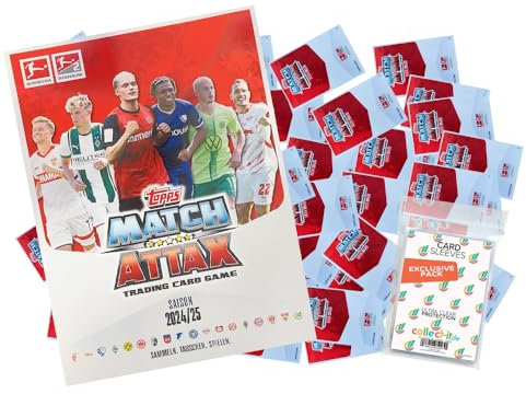 Bundle mit Topps Match Attax Bundesliga - 2024/2025 + Exklusive Collect-it Hüllen (1 Leere Sammelmappe + 100 Verschiedene, zufällige Karten)