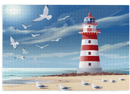 Mexpekil 1000 Teile Puzzles für Erwachsene Ozean Leuchtturm Möwe Holzpuzzles Herausfordernde Puzzlespiele für Jugendliche Geschenke