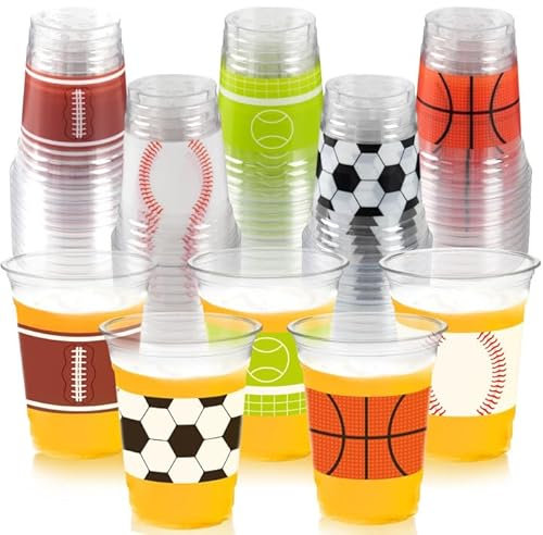 CUPLOOV 50Pcs 12 Oz Sports Party Cups - Football Disposable Plastic Drinking Cups for Soccer Basketball Baseball Football Sports Tailgate Game Birthday Party Decorations Supplies Favors