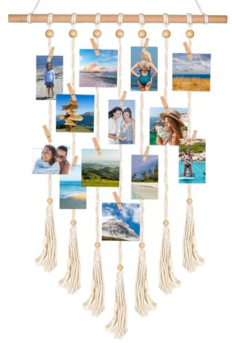 XCDMJ Foto Hängendes Makramee Wandbehang Fotowand Bilderrahmen Collage Boho Deko, Wandbehang Fotowand Bilderrahmen Collage Fotovorhang Wandteppich Diy Mit 30 Holzclips Und 2 Spurlosen Nägeln