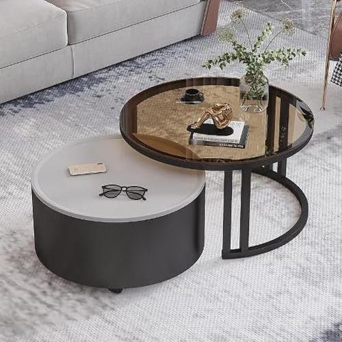 Rivorne Kreativer Runder Couchtisch Aus Glas mit Metallrahmen, Couchtisch Rund 2er Set, Mit Stauraum, für Kleine Räume Wohnzimmer Schlafzimmer Balkone mit Rädern(B-Gray)