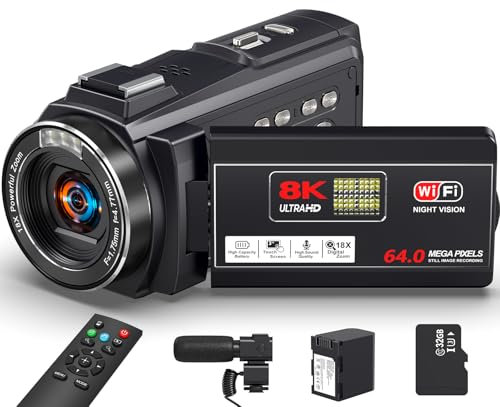8K 64MP Video Camera Camcorder, 18X Digital Zoom with IR Night Version Vlogging Camera for Youtube, 3.0 IPS Touch Screen with one 4500mAh Battery, 32GB TF Card, Remote Control, Mic, and Adapter