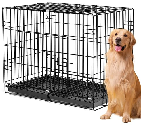 Dog Crate Extra Large Size, Sturdy Pet Cage, Dog Cage with 2 Doors, Removable Plastic Base Tray (100x60x70cm)