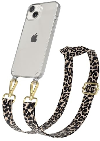 EAZY CASE Handykette - Verstellbares Taschenband kompatibel mit iPhone 14, Schulterriemen, Handykordel mit Silikon Hülle, Umhängetasche, Leo - Schwarz Beige Gold