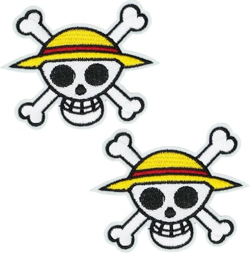 2 X Pirate Skull & Crossbones Iron-On Patch – 7 x 7cm Embroidered Skull with Straw Hat – Anime-Inspired Applique for Jackets, Bags, Cosplay & DIY Clothing