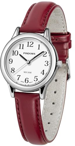 PINDOWS Kleine Armbanduhr Damen, Minimalistische Damenuhr Lederarmband | 8 millimeter Gehäuse, für 15 bis 21 zentimeter Handgelenke, voll leuchtendes Zifferblatt, präzises Quarzwerk
