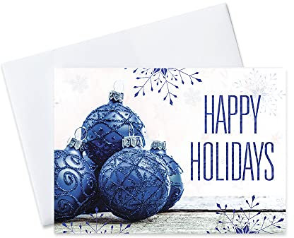 Urlaub Folie bedruckt Grußkarten – H1712. Grußkarte mit Ornamente und Schneeflocken und eine Happy Holidays Nachricht in blau Folie. Box Set Hat 25 Grußkarten und 26 silber Folie gefüttert Umschläge.