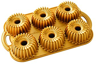 Nordic Ware Brilliance Bundtlette Pan, Cast Aluminium Mini Bundt Tin, Bundt Cake Tin for 6 Cakes, Premium Cake Mould Made in The USA, Colour: Gold (NW 93377)